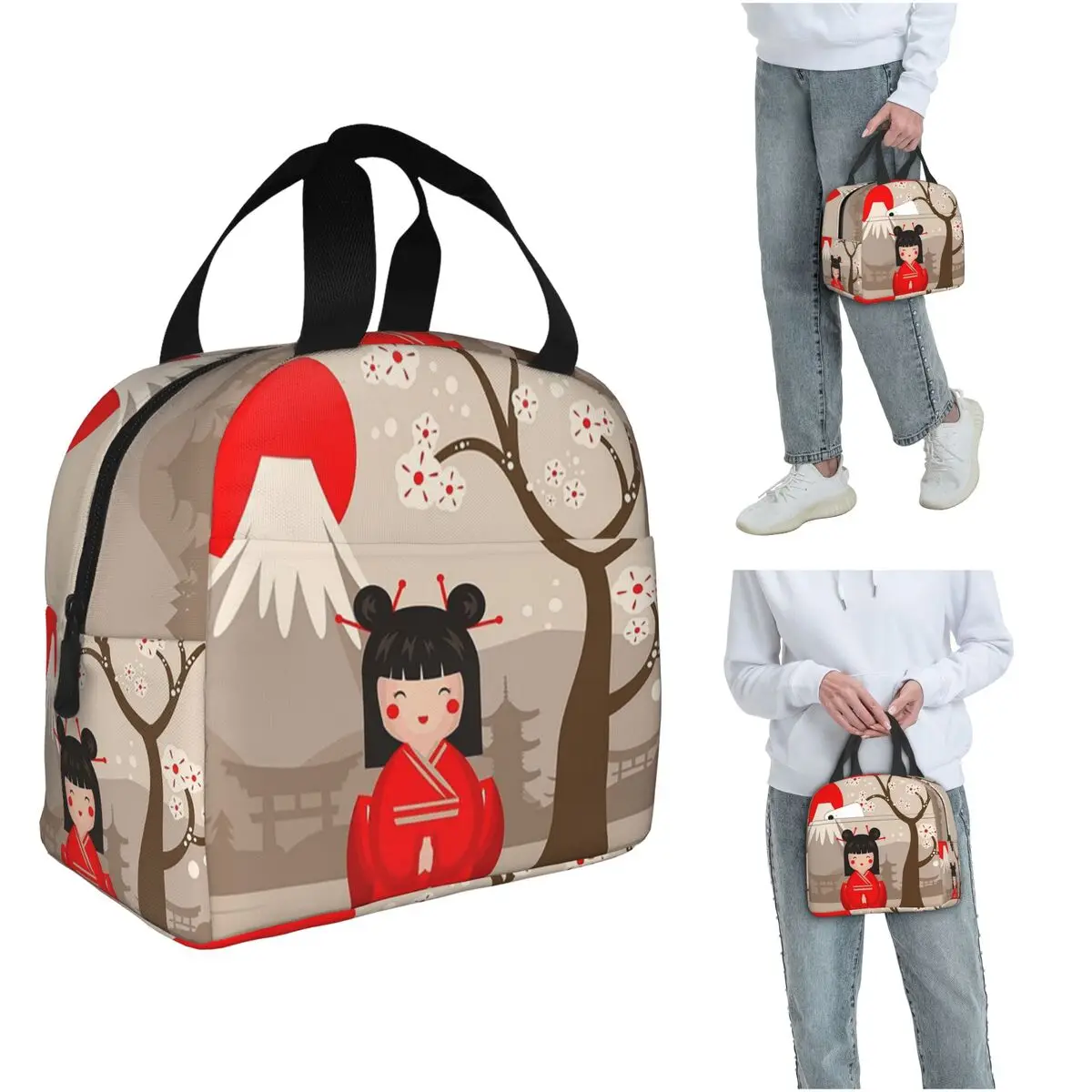 Japanese Sakura Kokeshi Doll Insulated Lunch Bag for Women Children Leakproof Food Boxes Thermal Lunch Box Tote