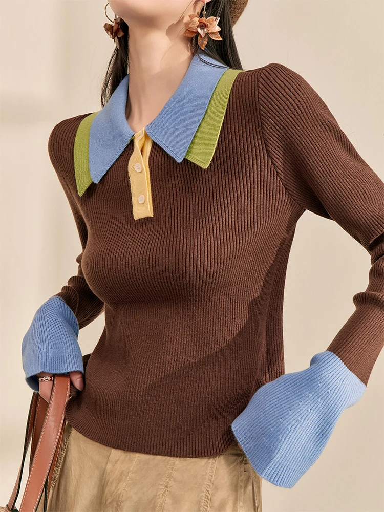 

Retro Knitted Top Double Layer Collar Bell Sve Patchwork Outerwear Slim Fit Autumn Winter Faion Casual Sle Polyester F...