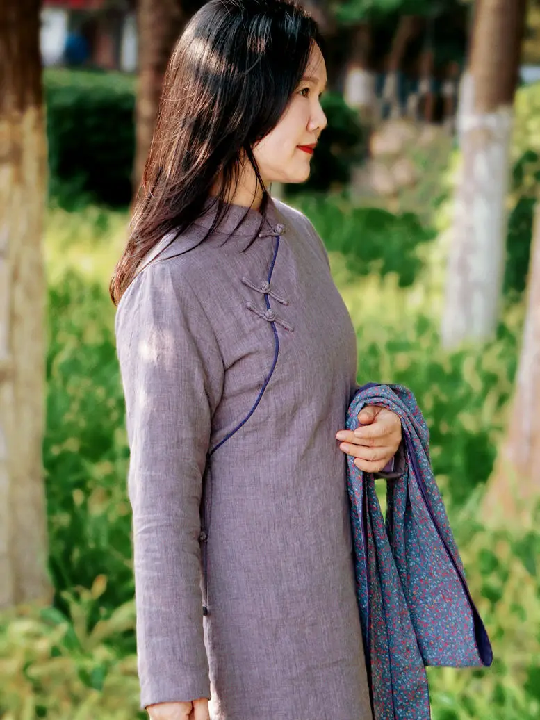 

Фиолетовое хлопковое льняное платье для женщин в стиле ретро, с длинными рукавами, зимнее, модное, элегантное