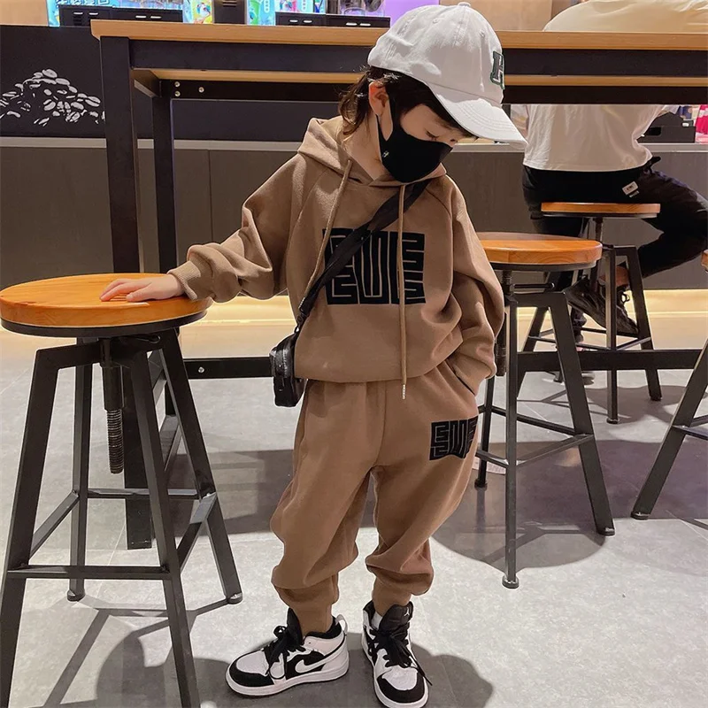 Boys Suit Sweatshirts +Pants Cotton 2Pcs/Sets 2023 Brown Spring Autumn Sportswear  Outfits Outdoors Thicken Children Clothing