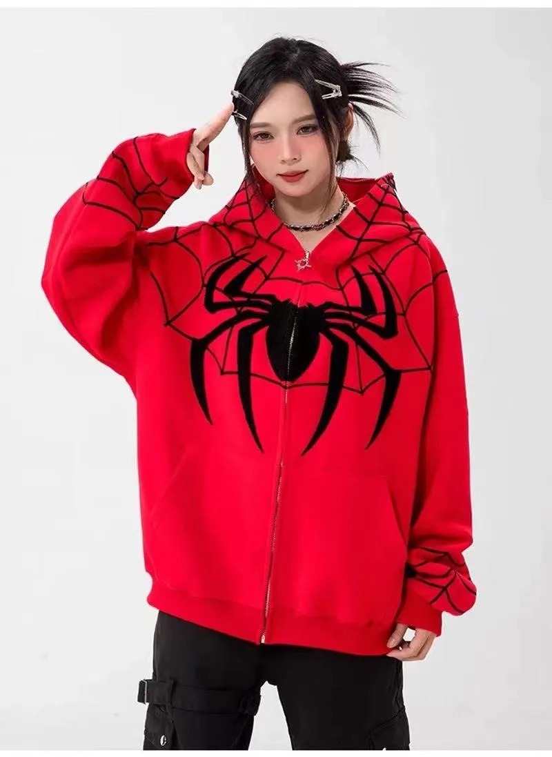 Homens e Mulheres Anime Bordado Zipper Spider Hoodies, Moletom Hip Hop Oversized, Hoodie de Manga Longa, Roupas Harajuku, Gótico Y2k, Homens