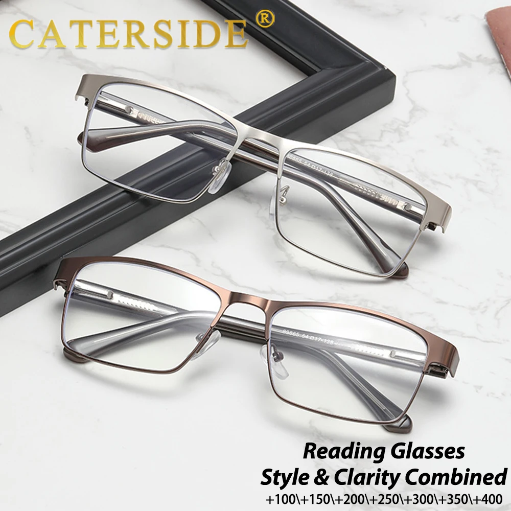 CATERSIDE Men's Business Metal Rectangular Glasses Frame Lightweight Optical Glasses Frame Spring Hinge Reading Glasses