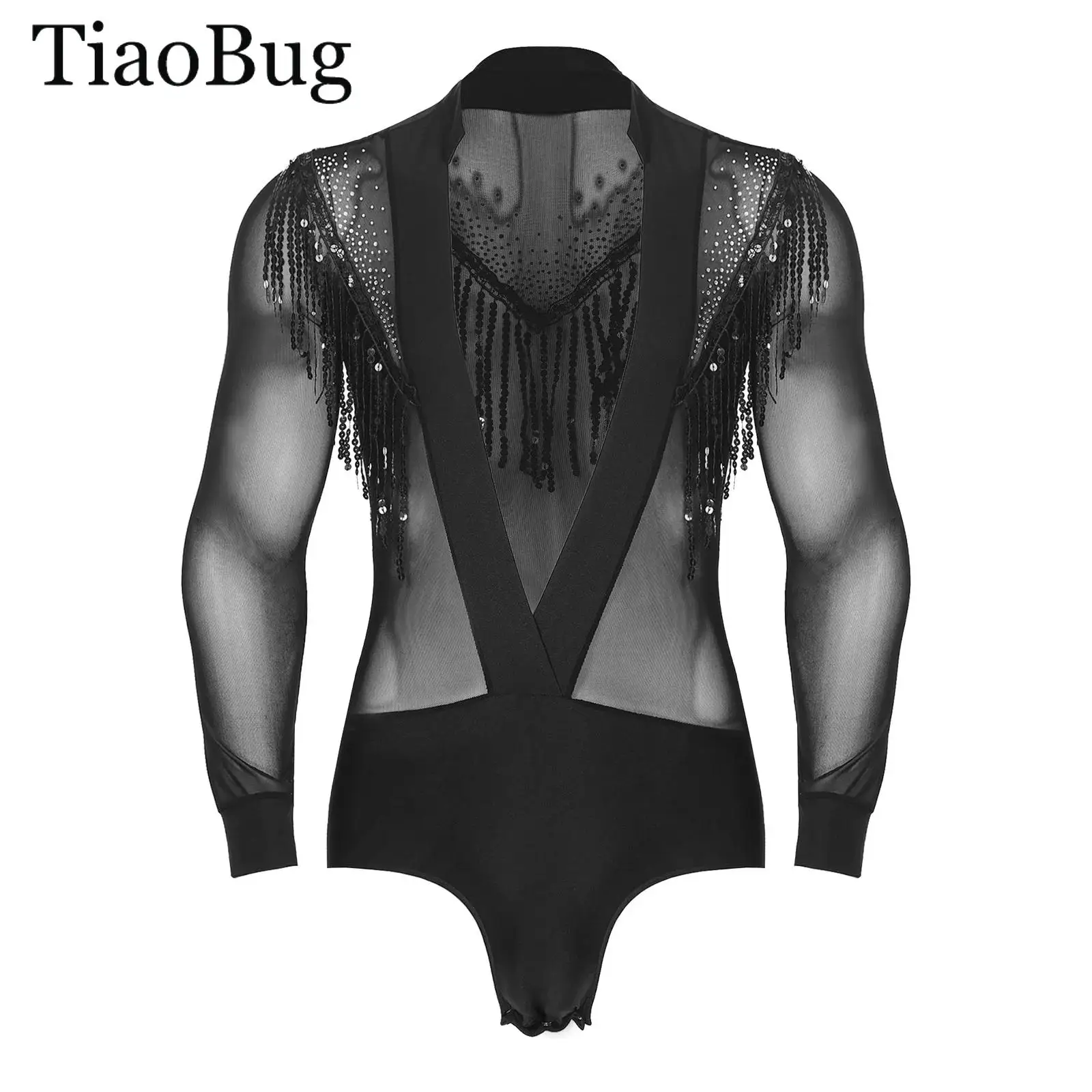 

Men Latin Dance Outfit Deep V-neck Long Sleeve Sequin Tassel Mesh Leotard Bodysuit Shirt Tops +Pants Gymnastics Chacha Clothes