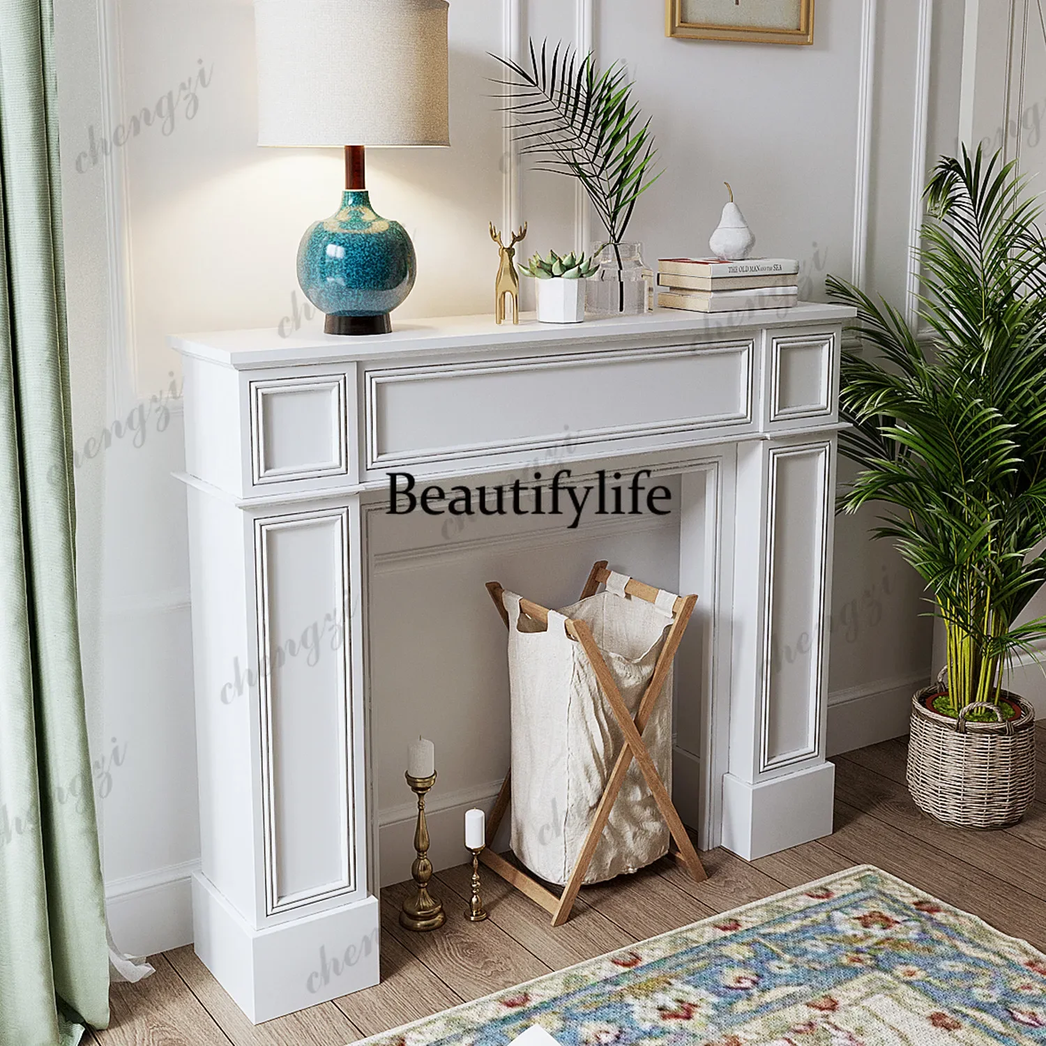 B567  French retro fireplace decorative cabinet, scene arrangement living room display white porch narrow cabinet rack