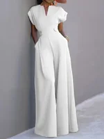 UOOZEE Women's Jumpsuits 2025 V-Neck Cap Sleeves High Waisted Wide Leg Solid Color Loose Elegant Office Commute Formal Overalls - Image 3