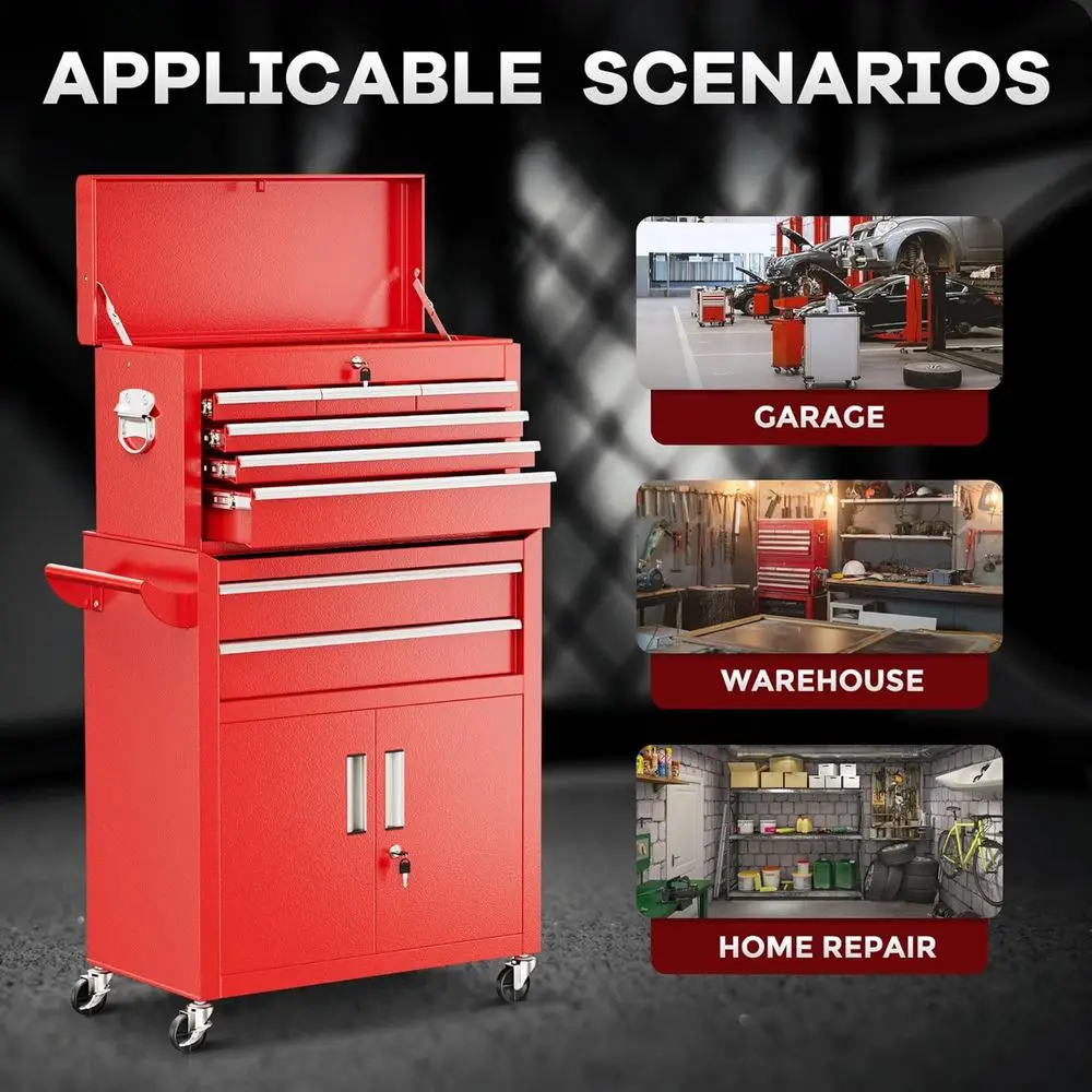مجموعة أدوات خزانة وخزانة ذات 8 أدراج، خزانة أدوات جراج معدنية شديدة التحمل مع عجلات وبابين، صندوق علوي 2 في 1 ولفة