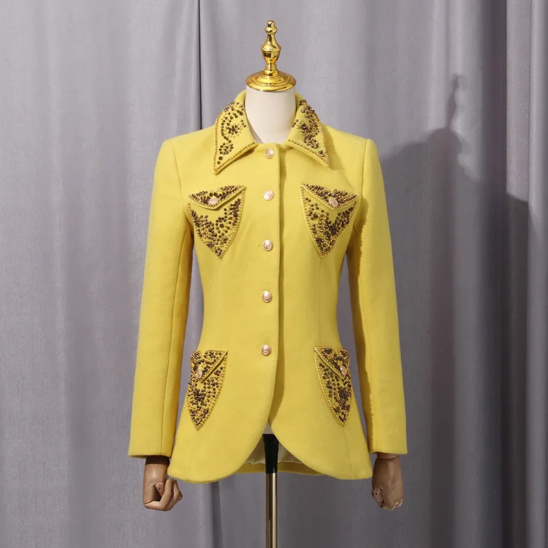 Yellow Lapel Jacket Diamond-studded Rivet High-end Coat Single Breasted Slim Luxury Elegant Fashionable Short Faux Wool Overcoat
