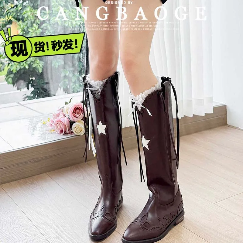 French Vintage Genuine Leather Colorblock Knee-High Western Boots for Women New Chunky Heel Pointed Toe Tassel Slim Boots