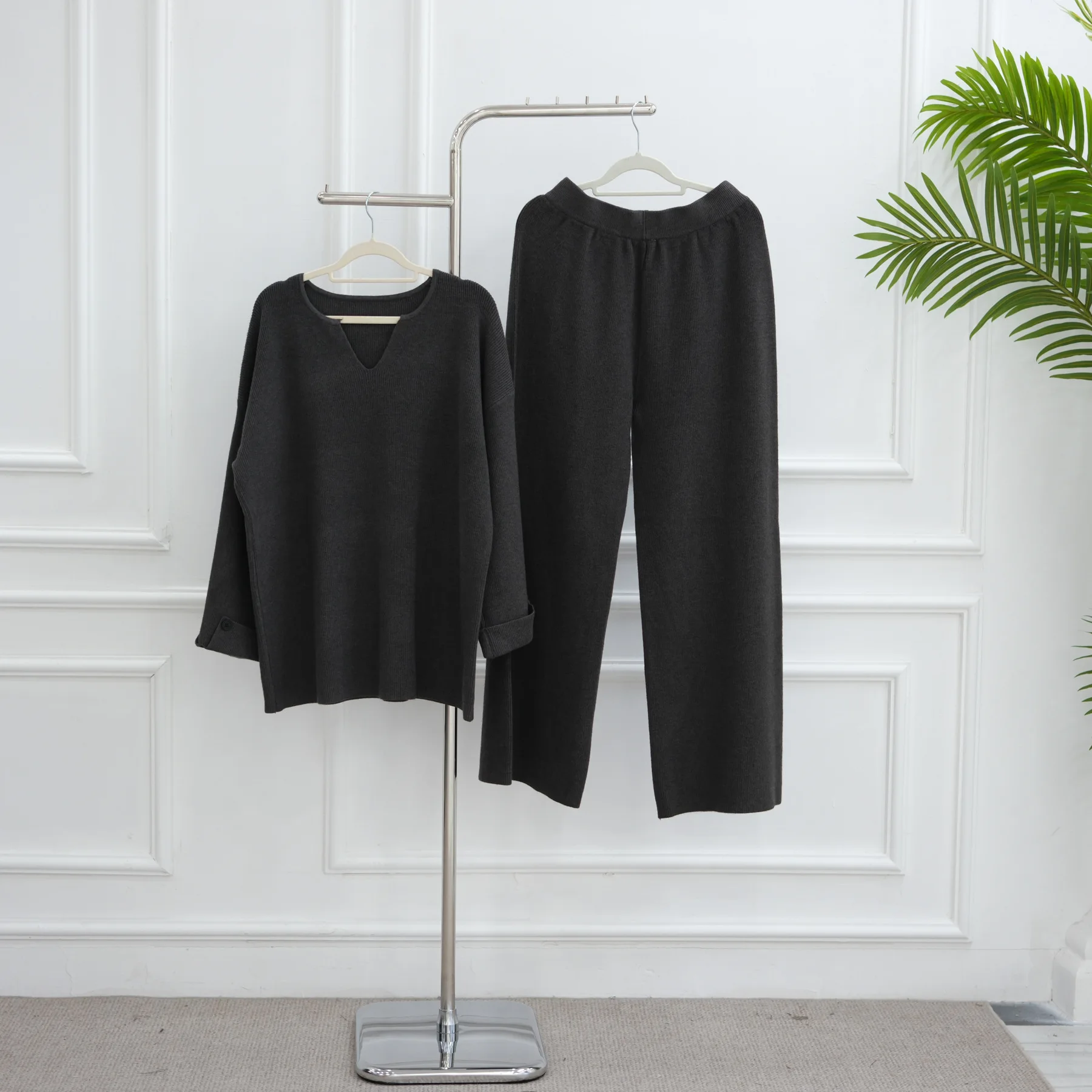 2Pcs Muslim Women Pullover Sweater Sets Wide Leg Pants Knitwear Tops Trousers Outfits Knitted Suits Femme Musulmane Ensemble New