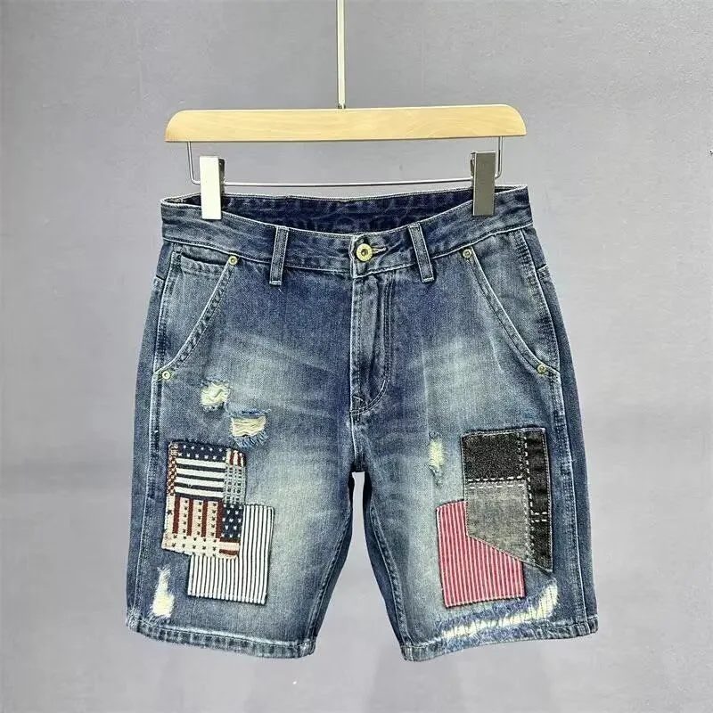 

Summer New Fashion Trend Printed American Retro Straight Leg Denim Shorts Men's Casual Loose Sports Plus Size Jeans 28-36