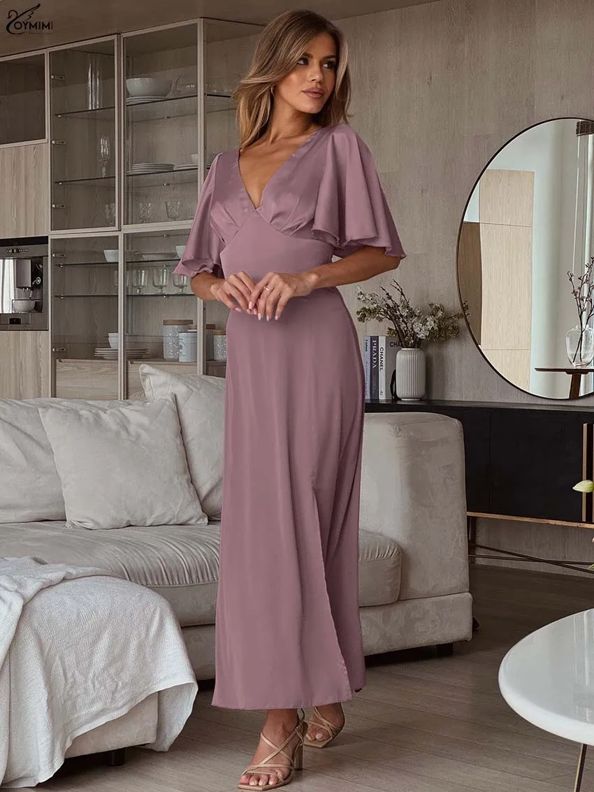 

Oymimi Fashion Pink Satin Womens Dresses Elegant V-Neck Half Sleeve Open Back Dress Autumn New Lace-Up Straight Side Slit Dress