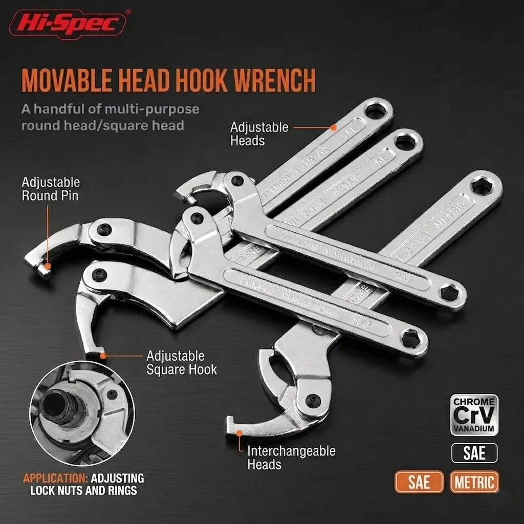 Hi-Spec Adjustable Hook C Type Spanner Hand Tool 19-120mm Metric Range Professional CR-V Steel Wrench for Slotted Nuts Bearings