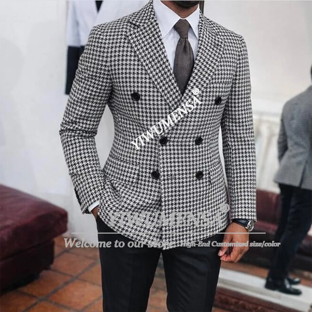 Classic Houndstooth Retro Suits Men 2 Piece Sets Double Breasted Jacket Pants Customized Man Banquet Attires Groom Tuxedos 2026