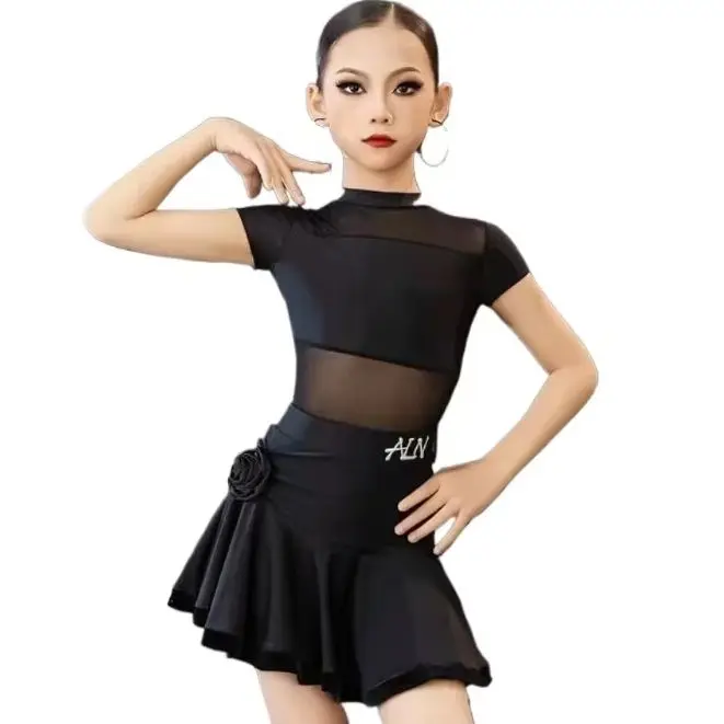 

2026 Children Latin Dance Dress for Girls New Black Mesh Yarn Tops Skirt Set Cha-cha Samba Rumba Training Performance Clothing