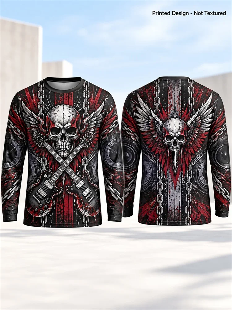Men's Biker Skull Wings Guitar Chain Rock Long Sleeve T-Shirt Grunge Punk Pullover Tops Gift New Fashion Vintage Streetwear