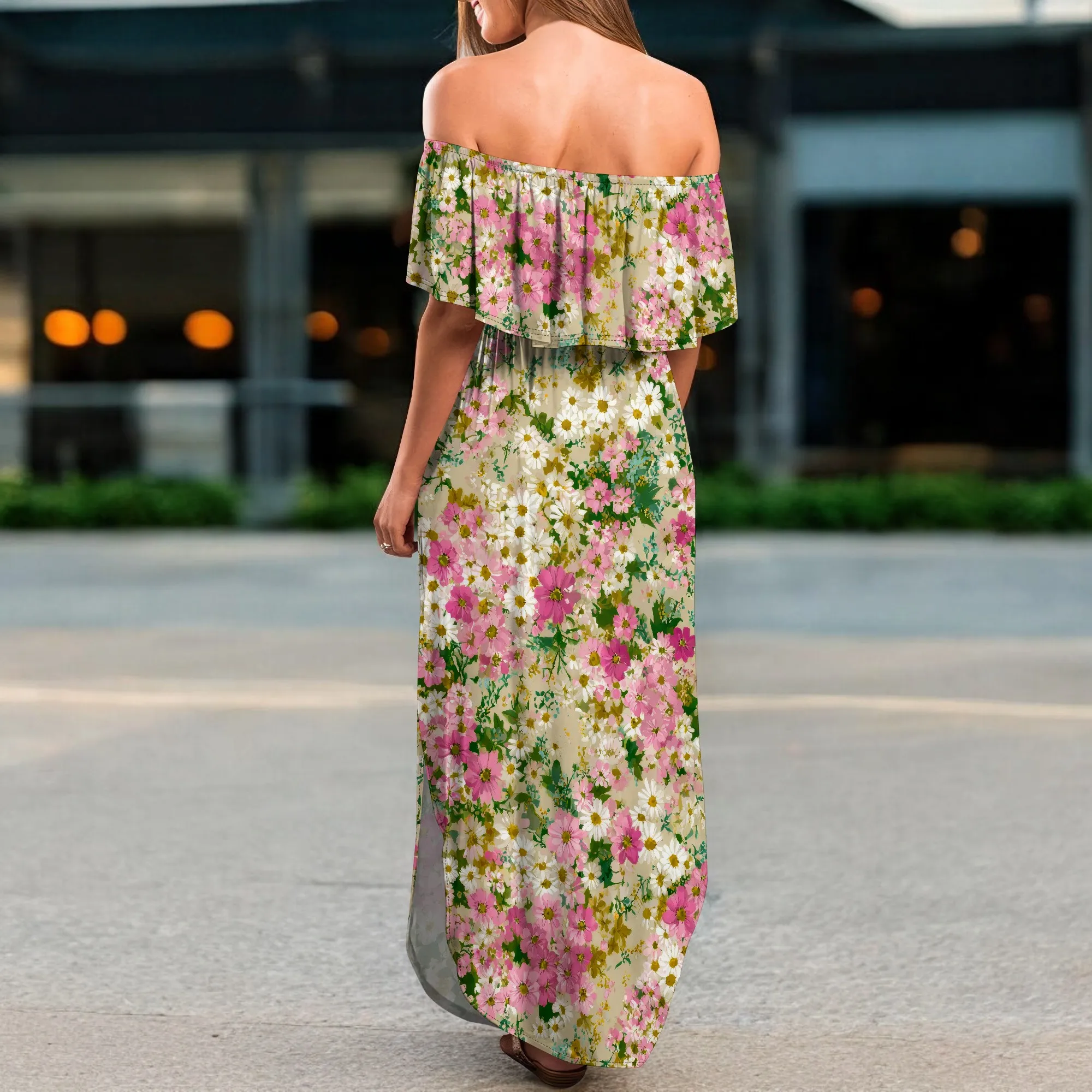 ผู้หญิงปิดไหล่ Ruffle Party Dresses ด้านข้างแยก Beach Maxi Dress