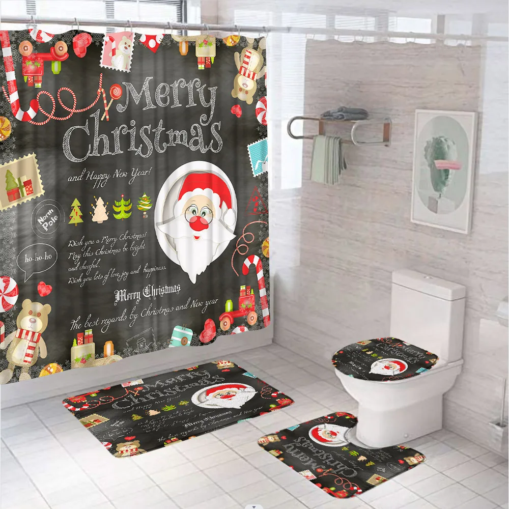 Merry Christmas Shower Curtain Set Cartoon Santa Claus Candy Toy Kids Bathroom Decor Screen Non-Slip Bath Mat Rug Toilet Cover