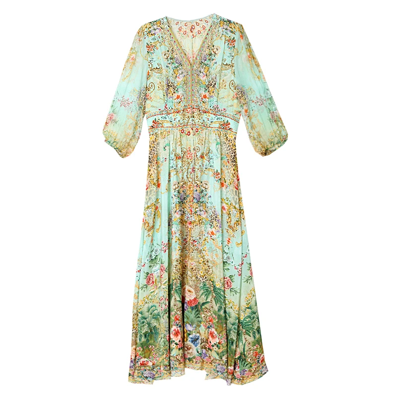 Summer 2025 Luxury Silk Diamonds Maxi Dress Women's Vintage Print Elegant Evening Prom Dress Spring Holiday Boho Hepburn Vestido