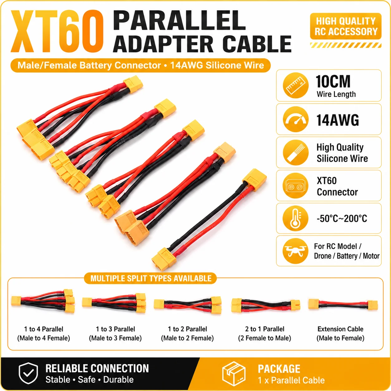 XT60 Male/Female Cable Dual Extension Parallel Battery Connector Cable 14AWG Silicone Wire for RC Drone Lithium Battery Motor