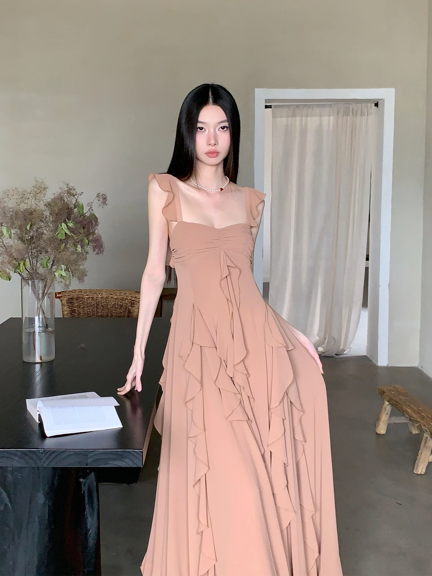

MOXI Coffee Color Square Collar Strapl Svel Wooden Trim Dr Women's Summer 2025 New Design Long Dr
