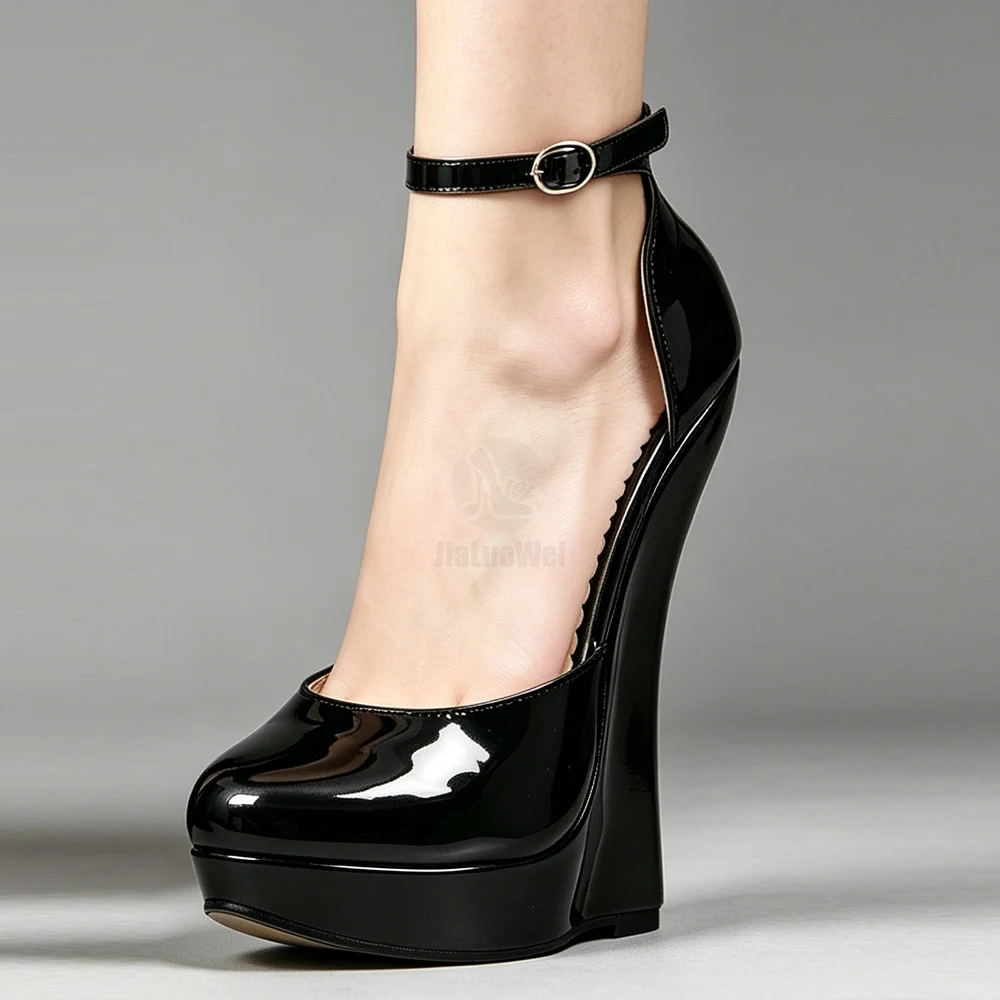 

18CM Black Patent Leather Wedge High Heels Platform Pumps Sexy Ankle Strap Fetish Unisex Shoes