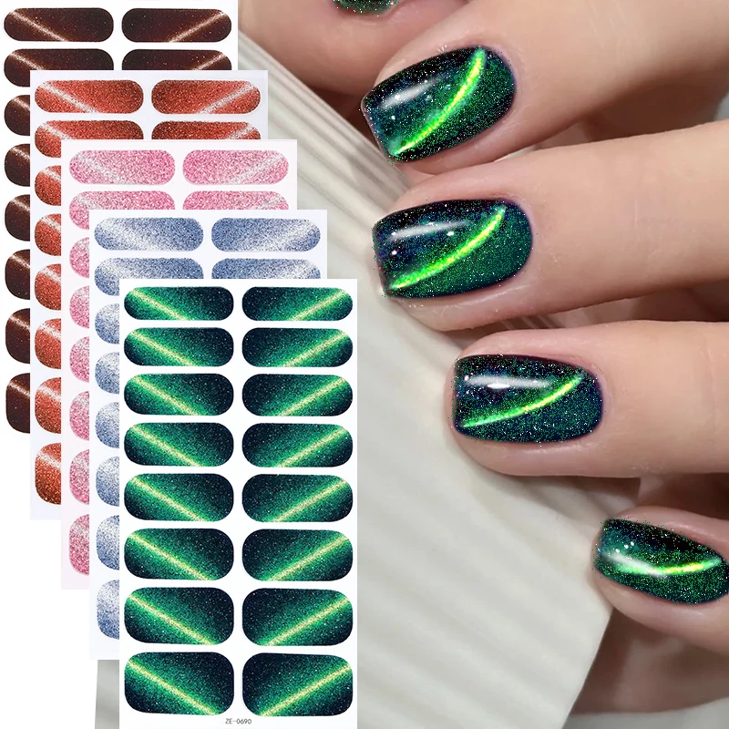 16Tips Glitter Cat Eye Full Cover Nail Sticker Gradient Nail Polish Strips Long-Lasting Self Adhesive Manicure Art DIY Decor