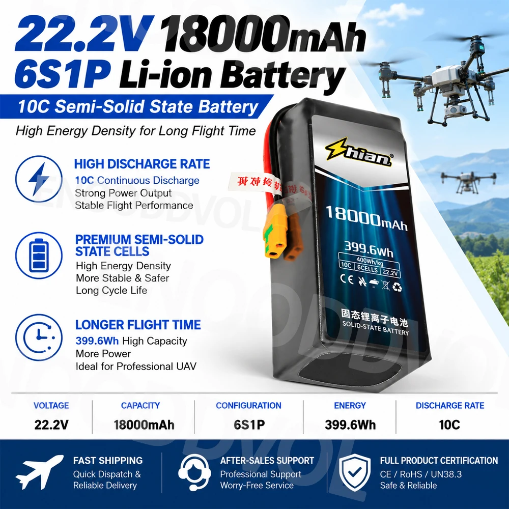 18000mAh 6S 22.2V Battery 399.6Wh 10C Semi-Solid-State Li-ion UAV Drone Battery High Energy Density Long Endurance Flight