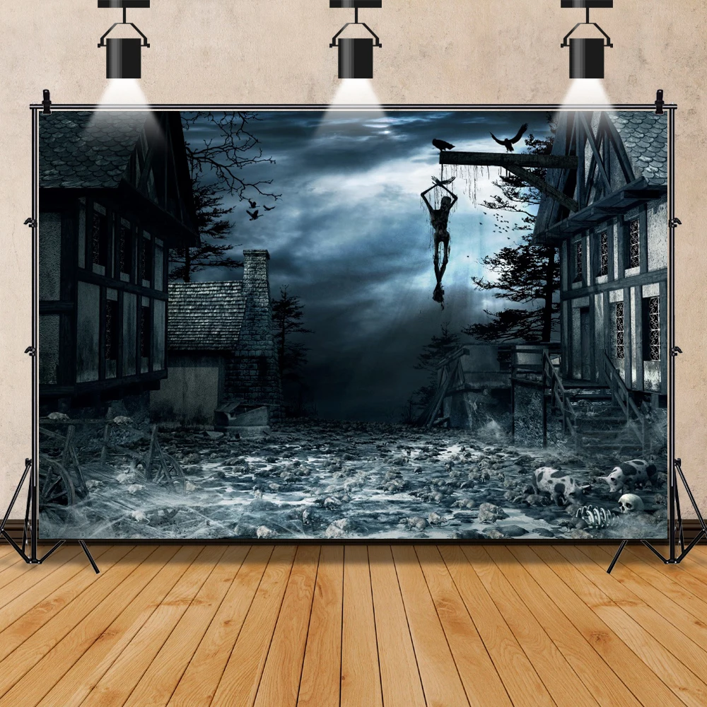 Photo Backdrop Old Dark Deserted Rural House Halloween Party Skeleton Scenic Child Kids Portrait Photo Background Photo Studio