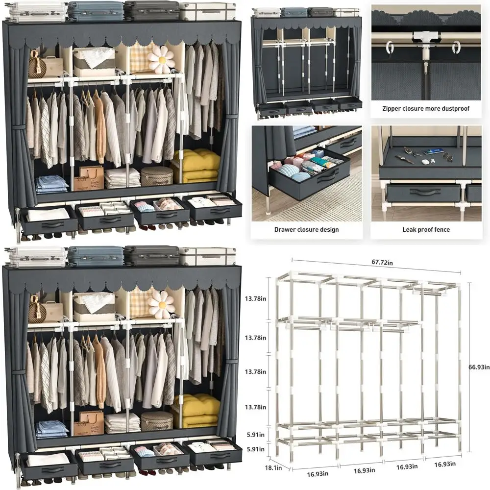

Большой портативный шкаф с 4 подвесными стержнями и ящиками, шкаф, металлические вешалки для гардероба, улучшенная серая нетканая пыль C