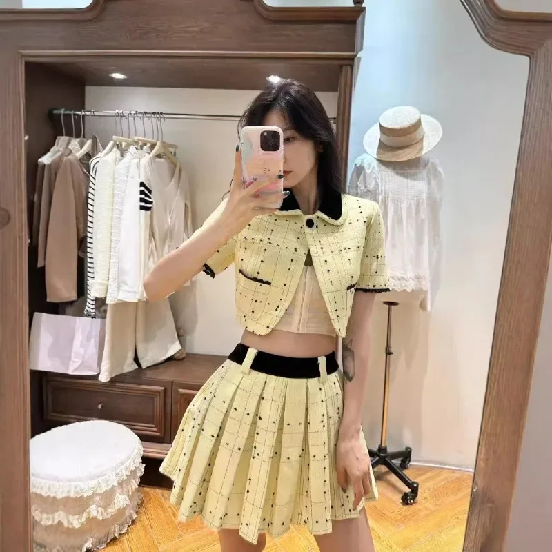 

Lemon Yellow Weaving Little Fragrance Set Women Patchwork Velvet Lapel Short Sleeve Top + Pleated Half-body Skirt Two Piece Set