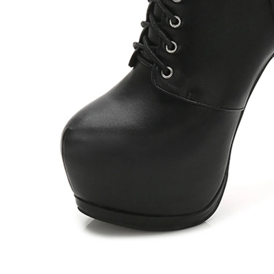 Sexy Super High Heels 15CM Party Boots Women Black Soft Leather Fashion Platform Ankle Boots New Pointy Toe Female Lace Up Shoes