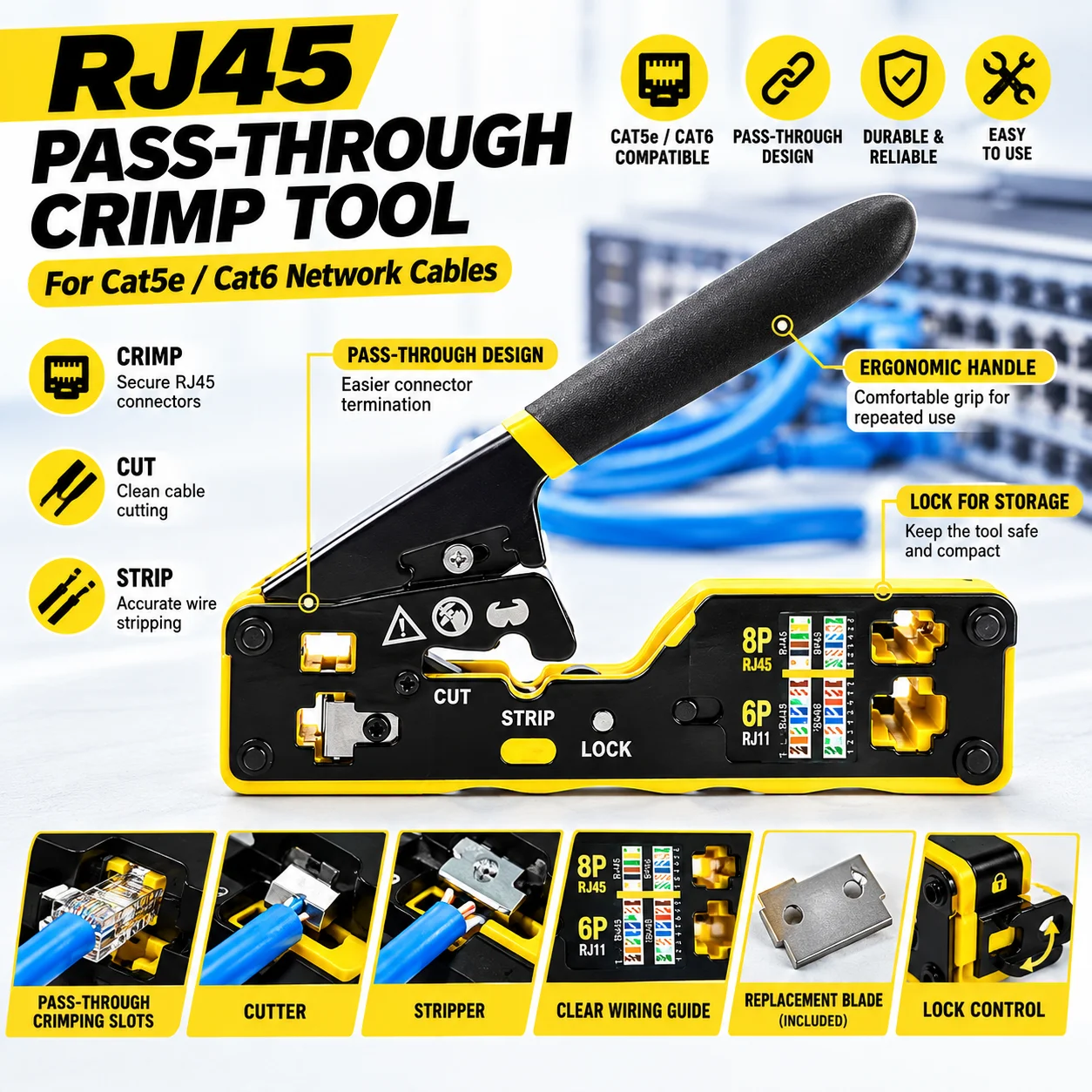 RJ45 Pass Through Crimp Tool, Ethernet Crimper for Cat5e Cat6 RJ45 Connectors with Replacement Blade for Network Cable Repair