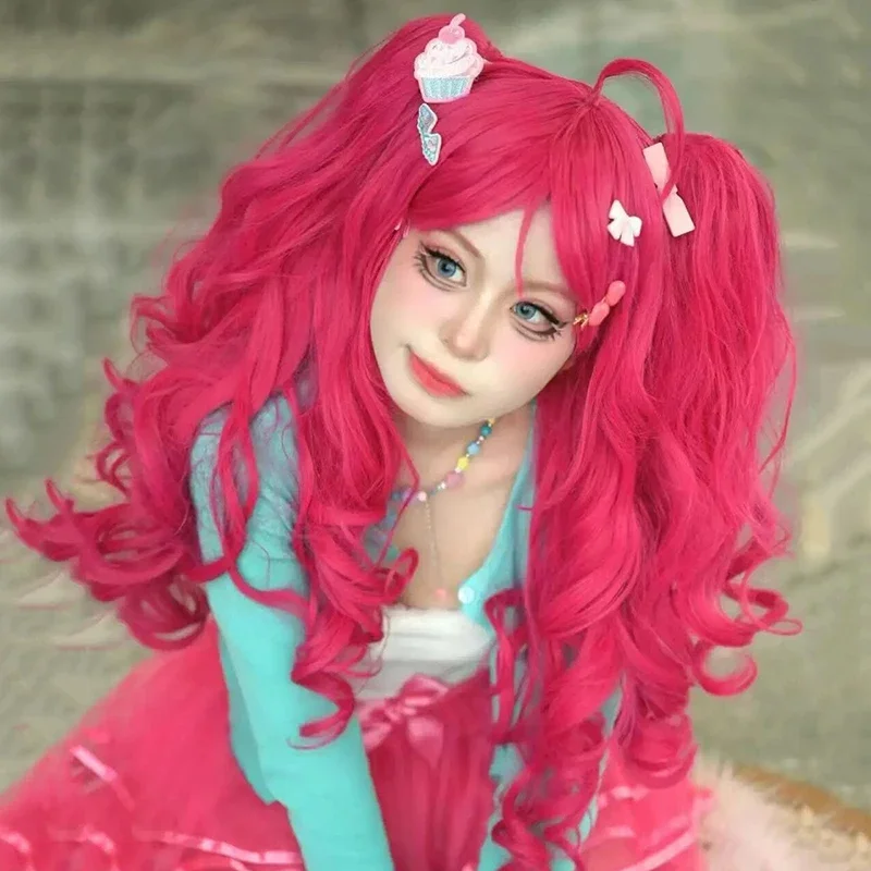 New Cartoon Pinkie Pie Princess Cosplay Wig Women Rose Red Long Curly Hair Ponytail Heat Resistant Synthetic Wigs Halloween Prop