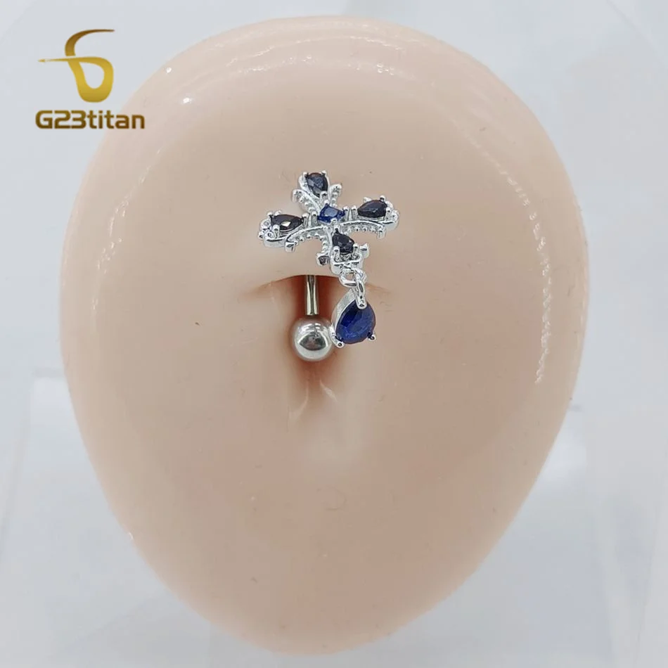 Moda a forma di croce ciondolo goccia d'acqua bilanciere inverso anelli ombelico 14G titanio blu zircone gioielli pancia cattolica cristiana