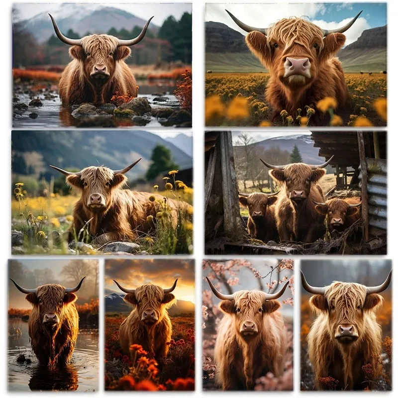 Wild Scotland Highland Cow Animal Poster Farm Cattle Portrait Prints Canvas Painting Wall Art Picture for Living Room Home Decor