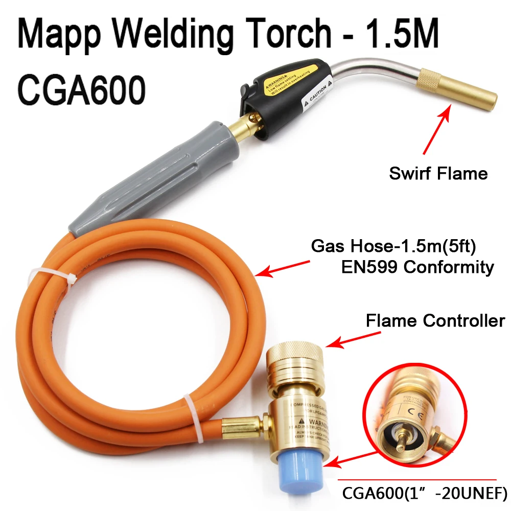 Mapp Torch Gas Welding Piezo Ignition Flame Brazing Tool 1.5m Hose CGA600 BBQ Heating Quenching HVAC Plumbing Welding Torch