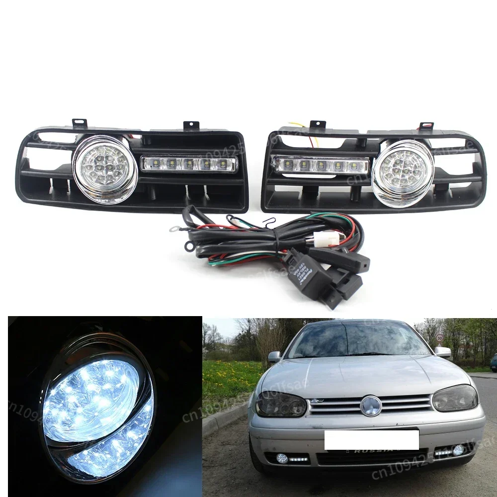 

2PCS Car Front Bumper Headlight Sport Grill Kidney Running Lights With LED DRL Fog Lamp Accessories For VW GOLF MK4 1997-2006