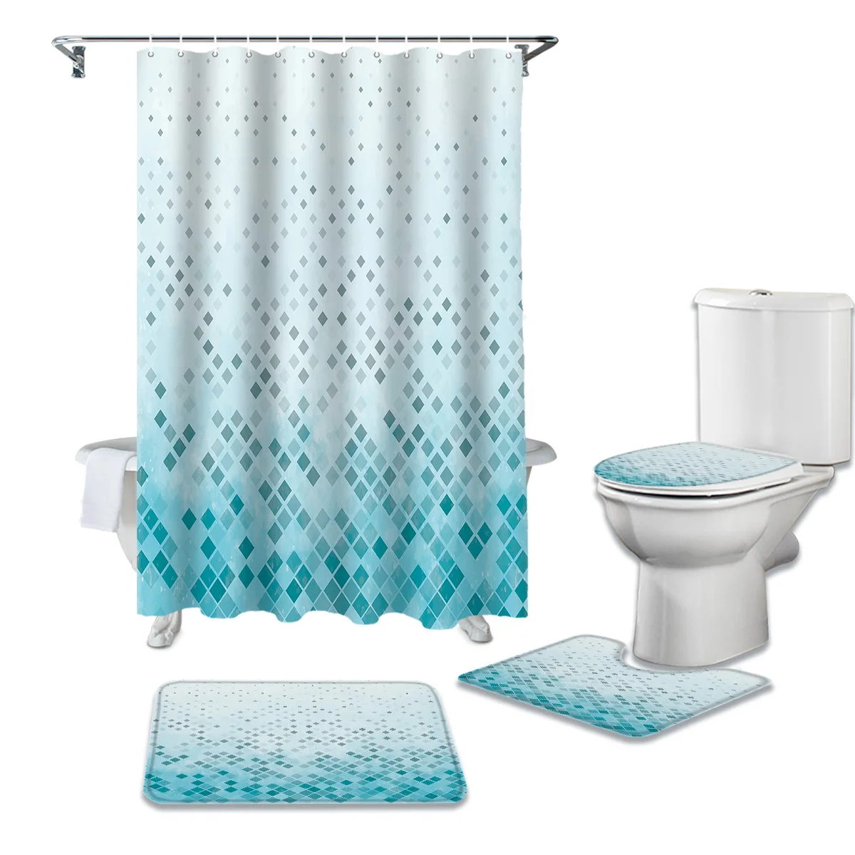 Geometric Rectangle Cyan Gradient Retro Shower Curtain Sets Non-Slip Rugs Toilet Lid Cover and Bath Mat Bathroom Curtains Set