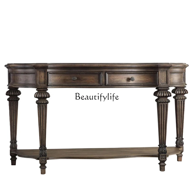 

05-*American country all solid wood carved porch table sofa back table retro nostalgic Roman column