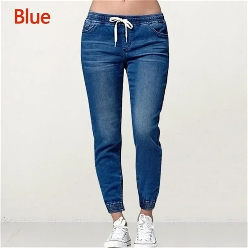 Lace-up Jeans for Women Denim Pants Casual Loose Slim Fit Stretch Long Denim Pure Color Trousers Blue Black Jean 2024 summer