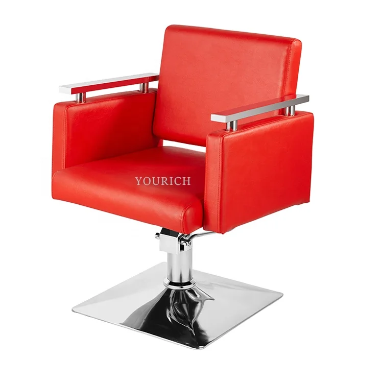 Venta al por mayor, silla de salón de manicura de corte de pelo personalizada, muebles de salón modernos de estilo de peluquero de Metal de cuero, silla de estilo rojo