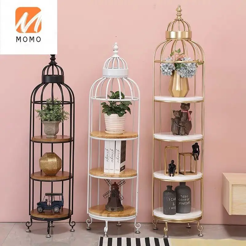 Wholesale Creative Industrial Art Birdcage Shape Flower Rack Bookcase Display Rack Floor Storage Holder Flower Shelf