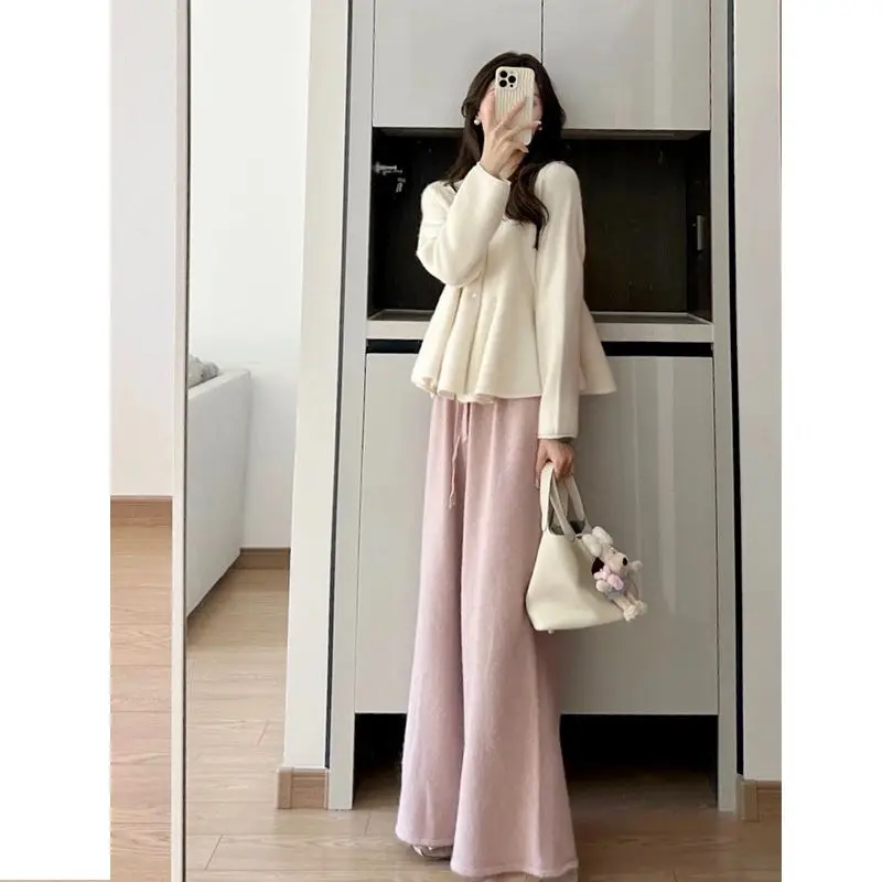 Two-Piece Graceful Set for Female, Temperament Age-Reducing, Lotus Leaf Top, Wide Leg Pants, Korean Drama