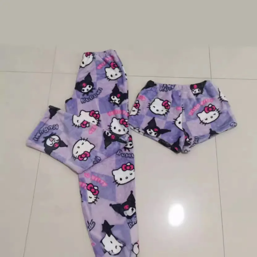 Sanrio Hello Kitty Pajamas Pants Women\'s Warm Woolen Cartoon Casual Home Pants In Autumn Winter Fashion Trousers Summer Shorts