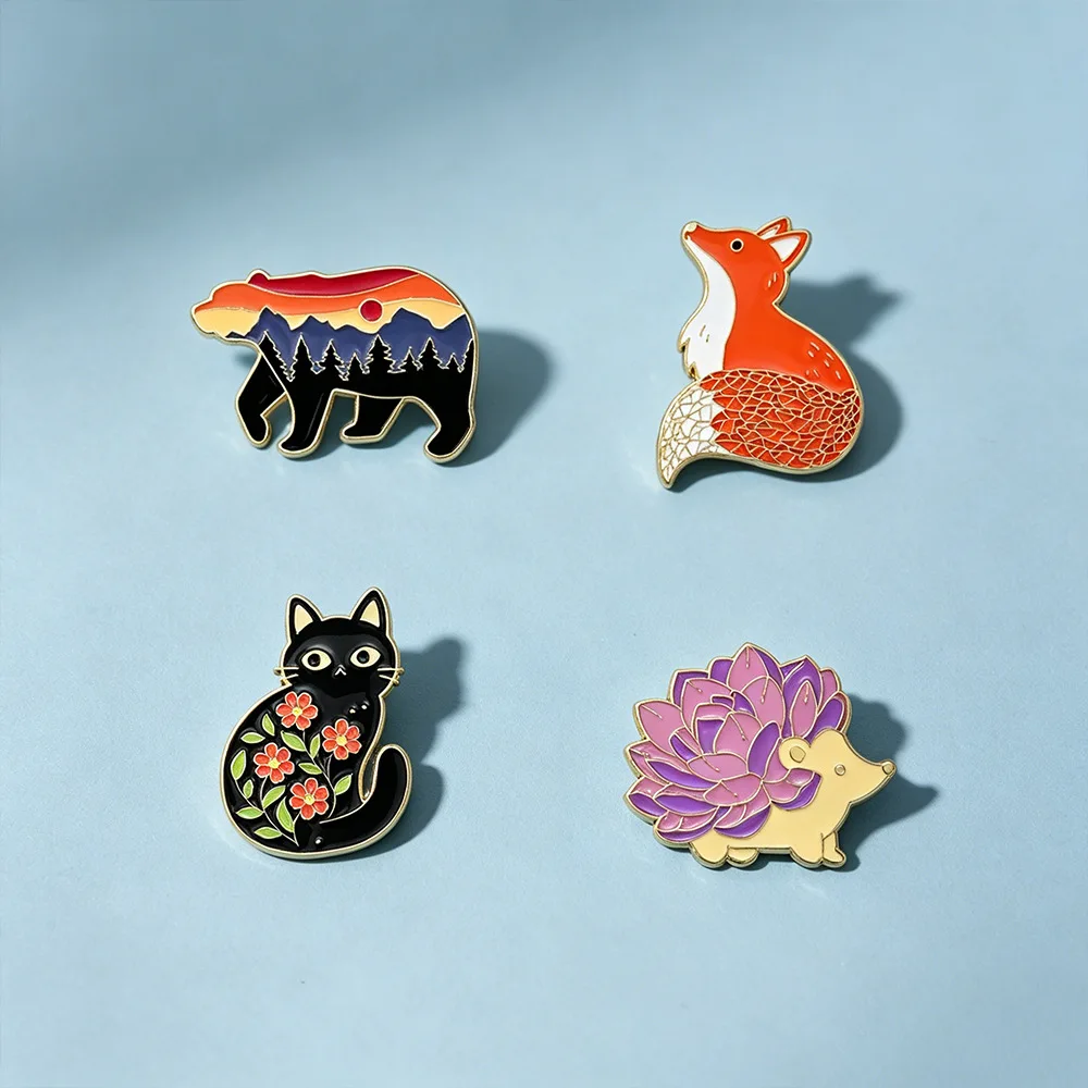 Cartoon Animal Enamel Brooch Lapel Pin Landscape Bear Fox Flower Black Cat Hedgehog Cute Metal Badge Punk Jewelry Friend Gift