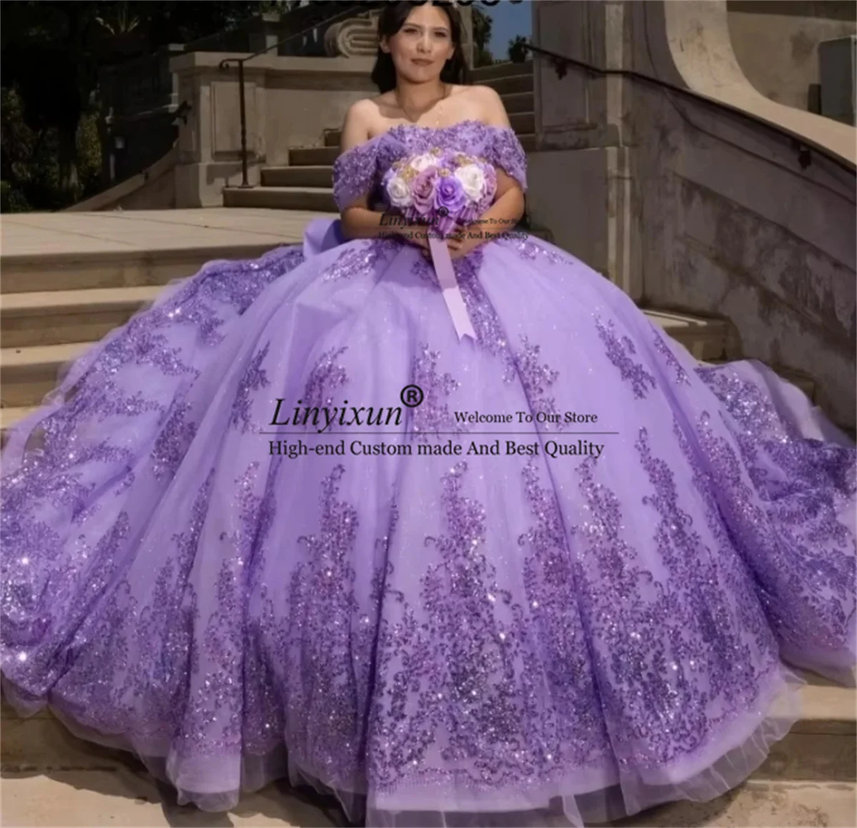 

Customized Glitter Lavender Ball Gown Quinceanera Dress Sequins Lace Applique Beaded Sweet 16 Birthday Vestidos De 15 Anos