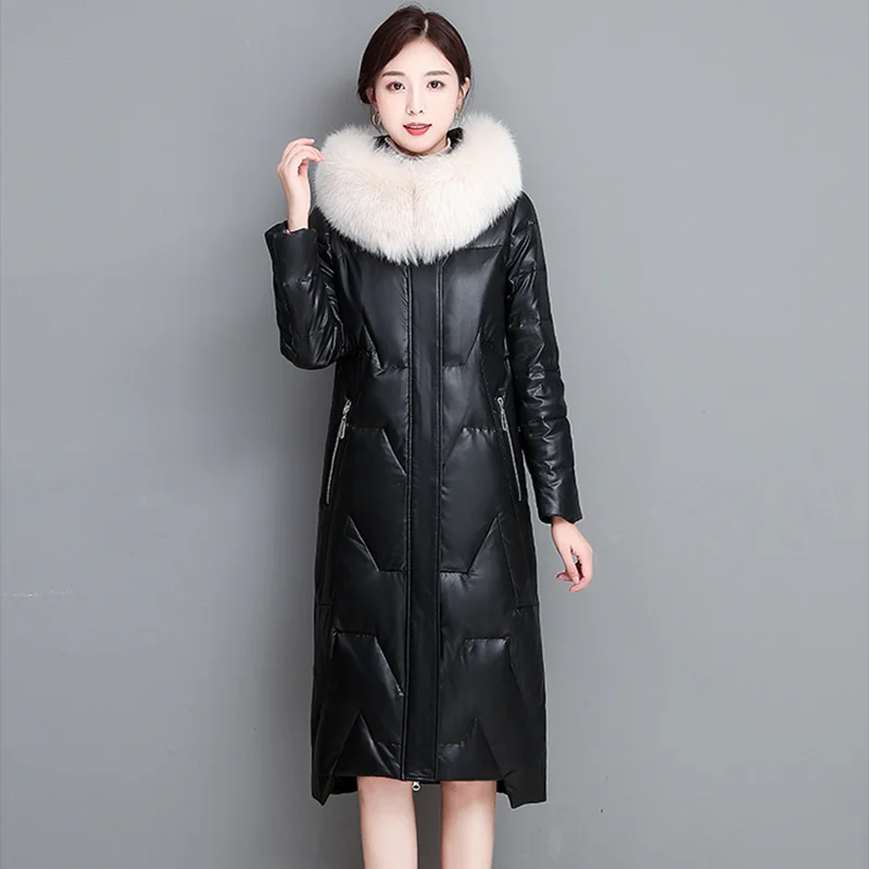 

Down New Women Leather Coat Autumn Winter 2023 Elegant Fashion Real Fox Fur Collar Thick Warm Loose Hooded Sheepskin Overcoat