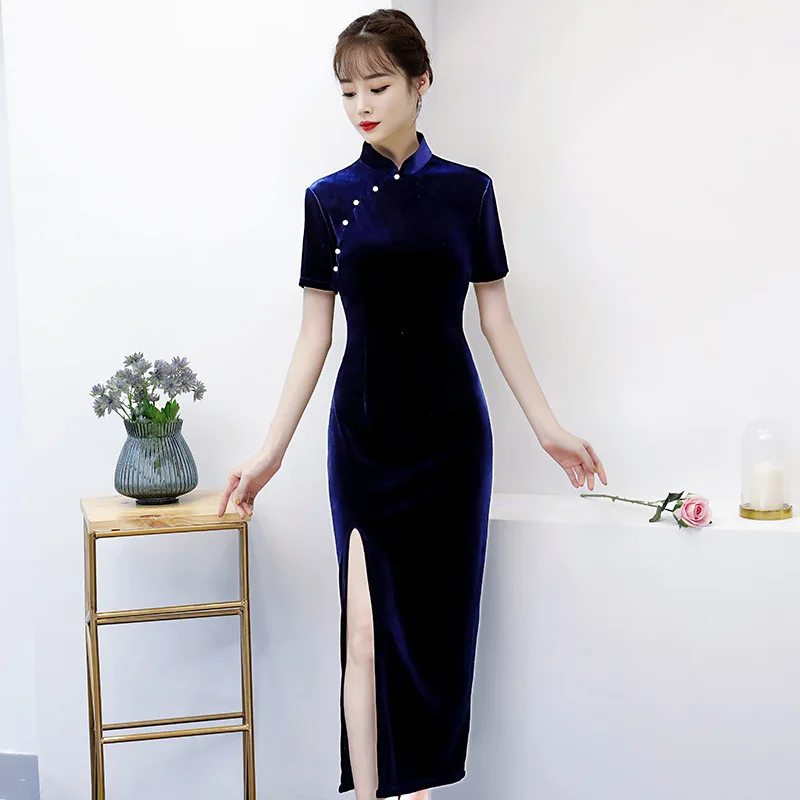 

Women's Sexy Slim Fit Slit Cheongsam Velvet Standing Neck Short Sleeved Qipao Chinese Traditional Dress Women's Elegant Vestidos