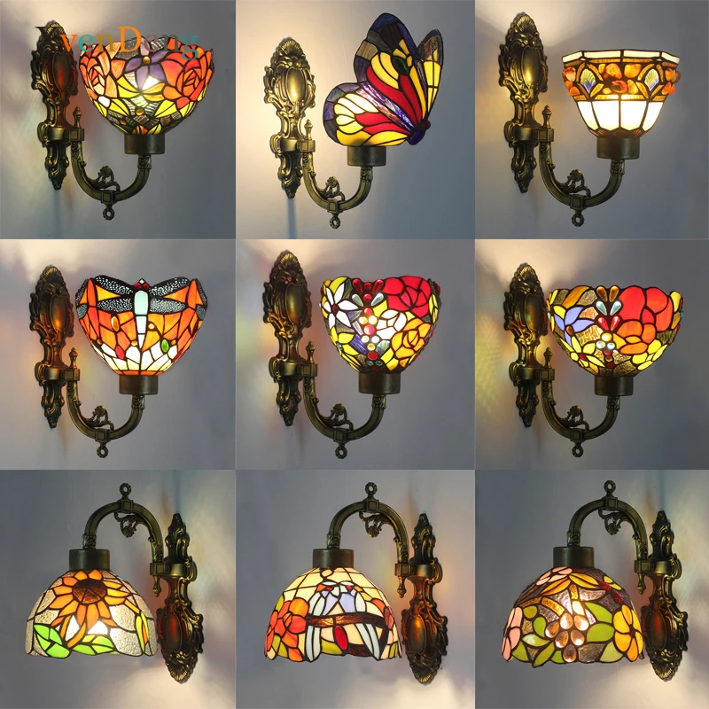 Tiffany Retro Wall Lamp Vintage Stained Glass Wall Wall Lights for Home Butterfly Led Wall Sconce Bedroom Bathroom Mirror Light