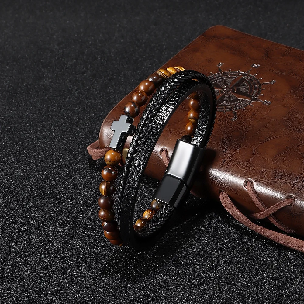 Natural Tiger Eye Stone Bead Bracelet Wholesale Men's Cross Multi-Layer Woven Leather Bracelet In Stock